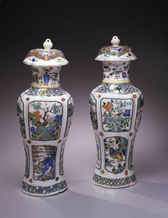 Pair of Famille Verte Lobed Baluster Jars And Covers