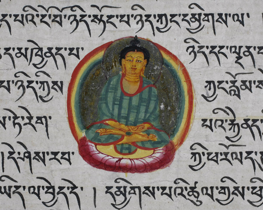 Illuminated Folio from a manuscript with Buddha in dhyani mudra. (One of three)