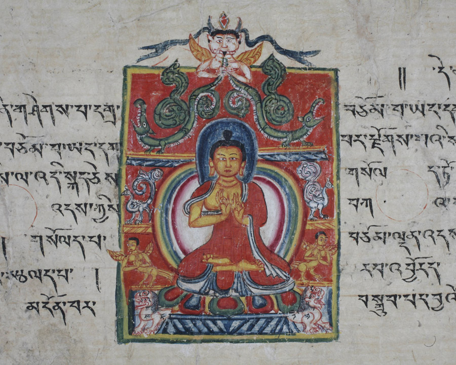 Illuminated folio with Buddha in <i>dharmacakra mudra</i>