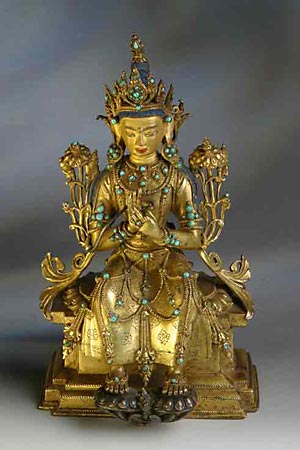 Maitreya, the Buddha of the Future, seated upon his throne in the heavens, awaiting his call to minister on earth.