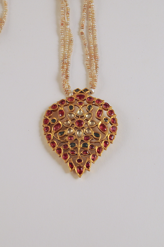 Gold, ruby, emerald and Basra pearl necklace.