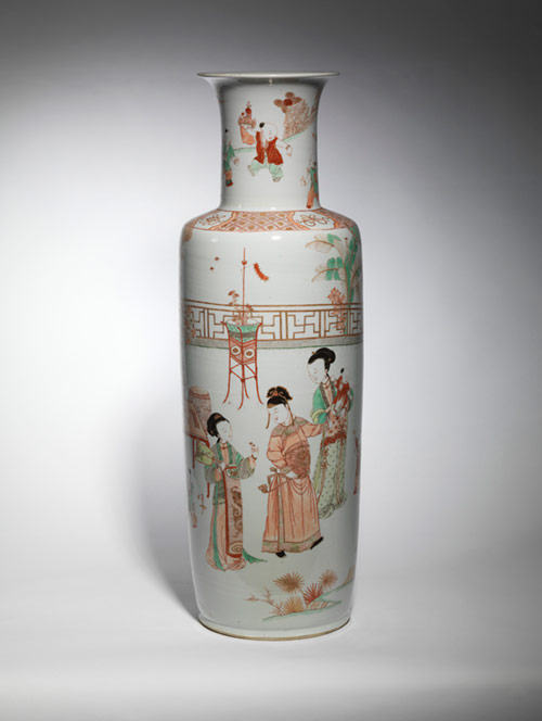 A rare large famille-verte and iron-red porcelain rouleau vase
