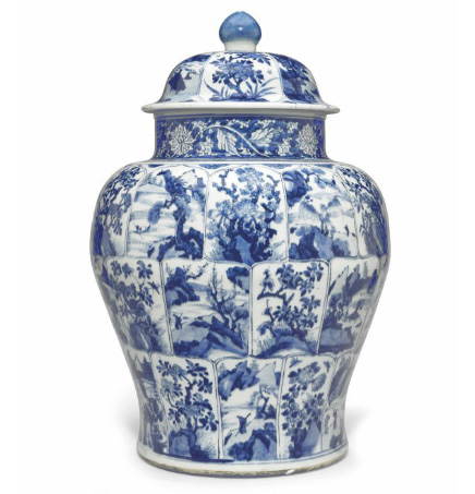 A very large blue and white jar and cover