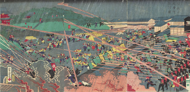 Utagawa Yoshitora: “Caricature of the Ueno War: Fire Attack of the Enryaku-ji Temple” (1st term)