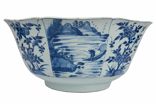 Large blue and white bowl with landscape and floral decoration