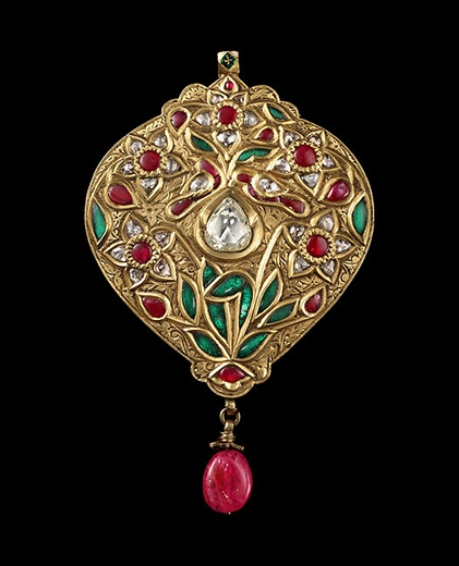 A Gold Drop Pendant Inset with Diamonds, Rubies and Emeralds