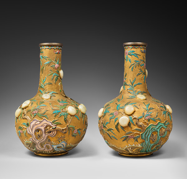Pair of gilt-bronze bottle vases with enamel
