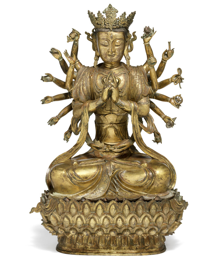 A Chinese 18-armed gilt bronze figure of Avalokitesvara