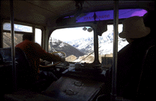 View from the expedition bus as the team travels over a snowy pass on the way to Dege.