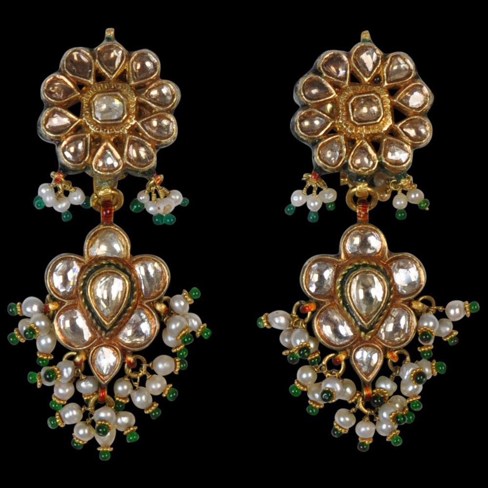 Pair of Indian, Enamelled Gold Earrings set with Large Golconda ...