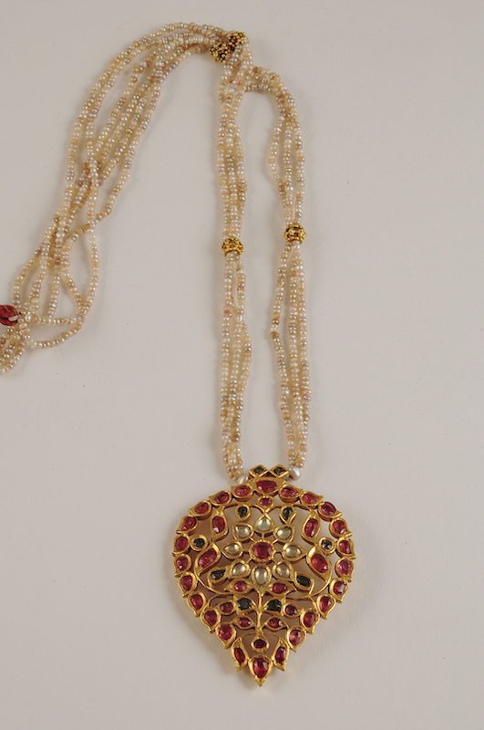 Gold, ruby, emerald and Basra pearl necklace.