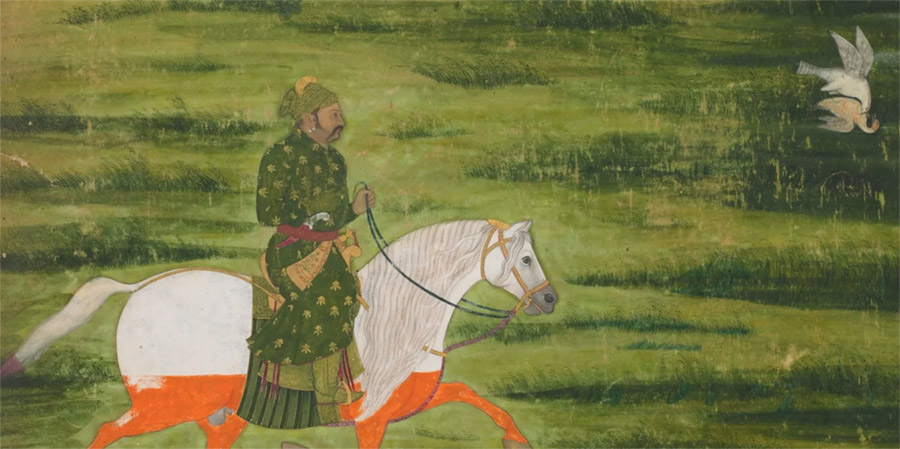 Detail: A Mounted man hunting birds with a falcon