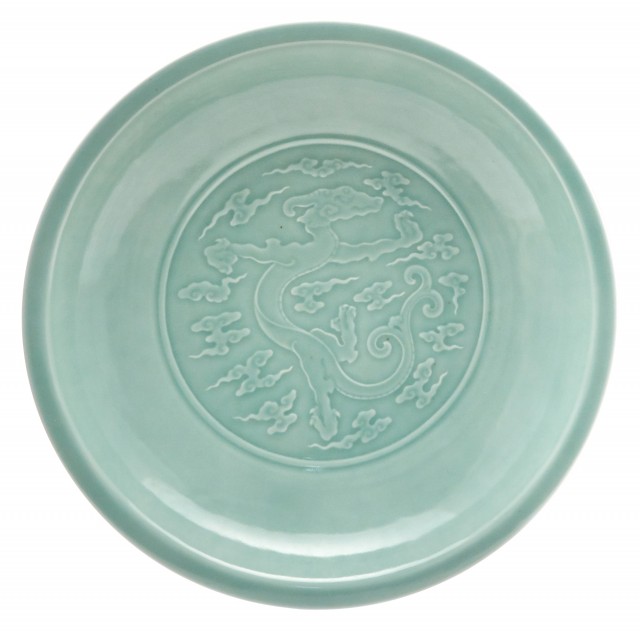 A Large Chinese Celadon Glazed Porcelain Dragon Charger