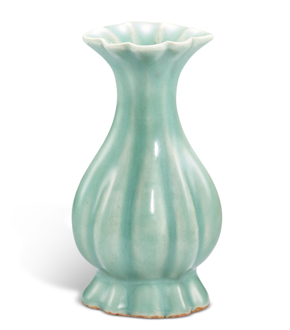 An exceedingly rare Longquan celadon lobed pear-shaped vase