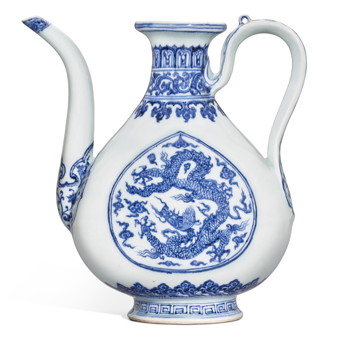 A unique and outstanding imperial blue and white dragon ewer
