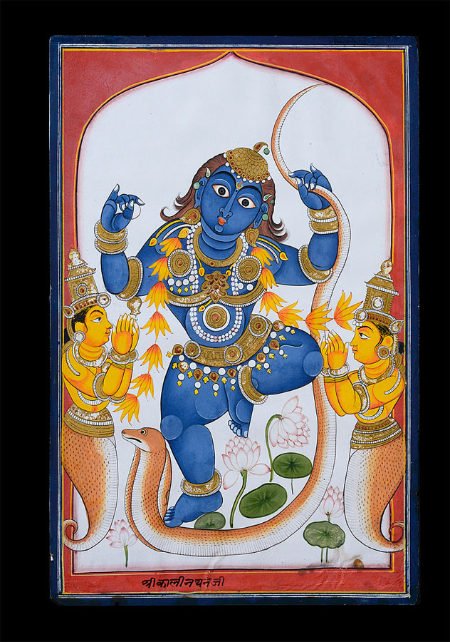 Krishna dancing on the naga Kalaya flanked by his pleading wives