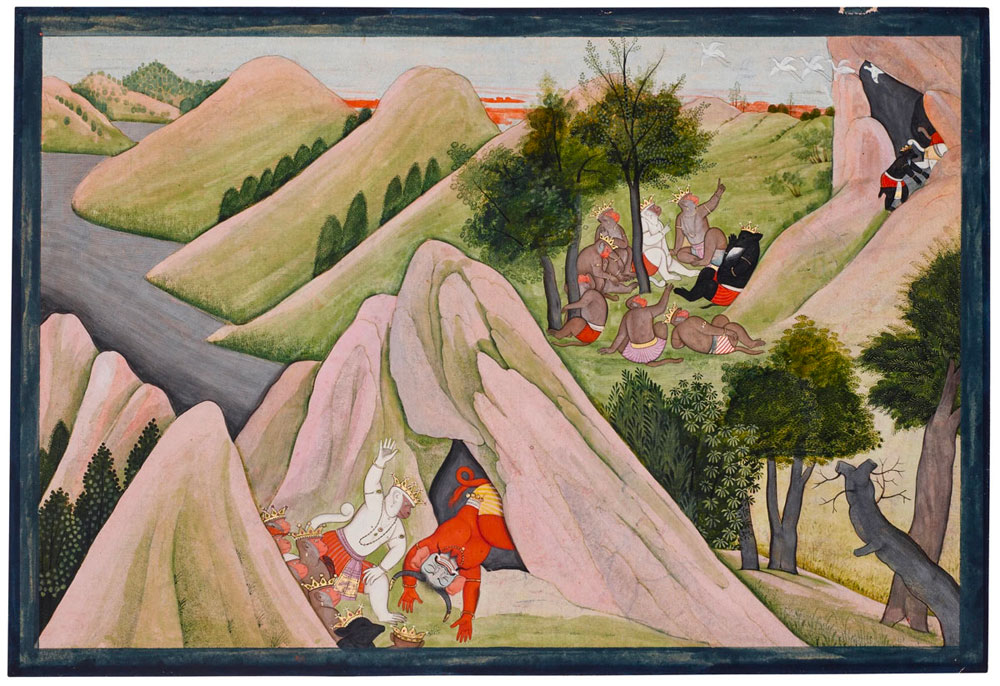 An Illustration from the Bharany Ramayana Series: The Monkey Army intruding Upon a Demon’s Cave