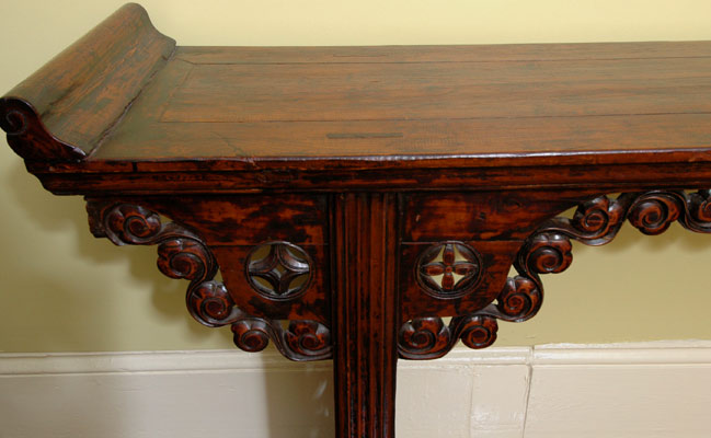 Magnificent Large Altar Table with Intricately Carved Swirls on Spandrels,<br> Upturned Ends and Carved Curtain between Legs. (Console/Sofa table)